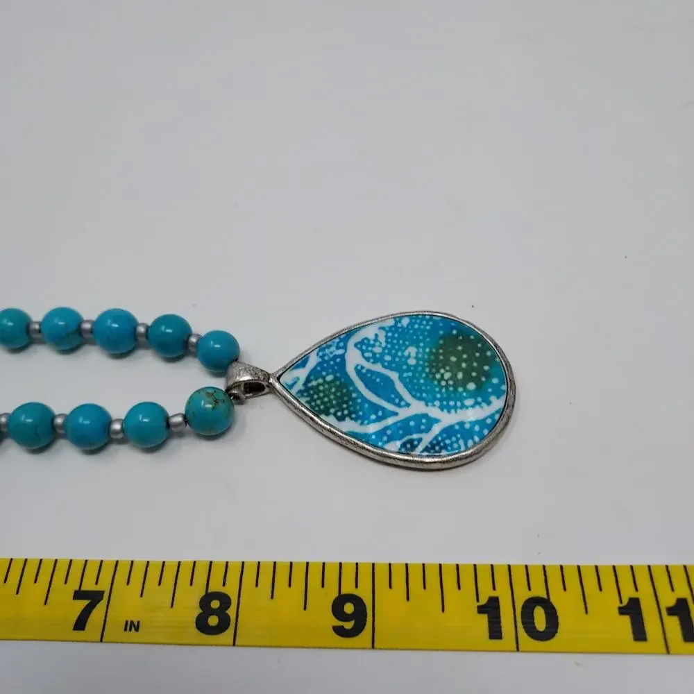 Coldwater Creek Genuine Stone Necklace Reversible Pendant Aqua Silver Tone NWT